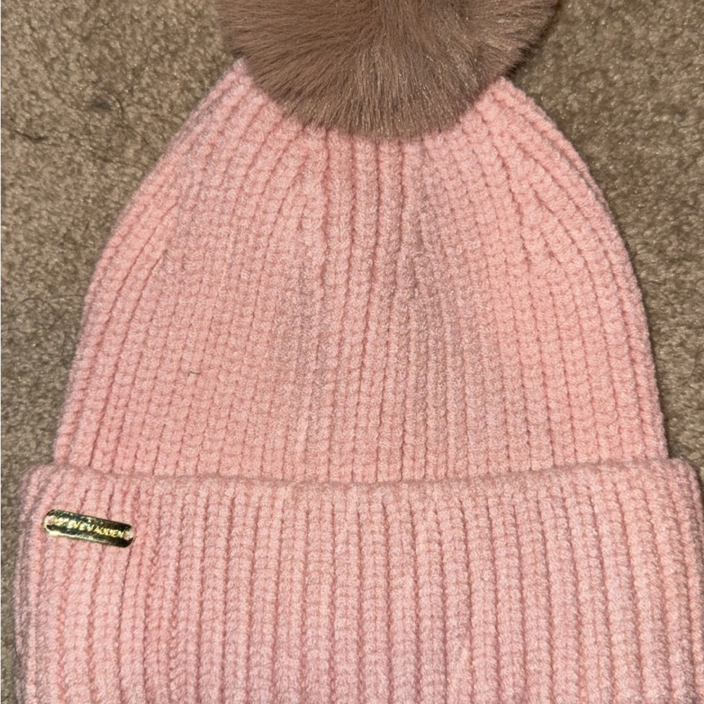 Steve Madden Pink Knit Hat with Brown Pom Pom